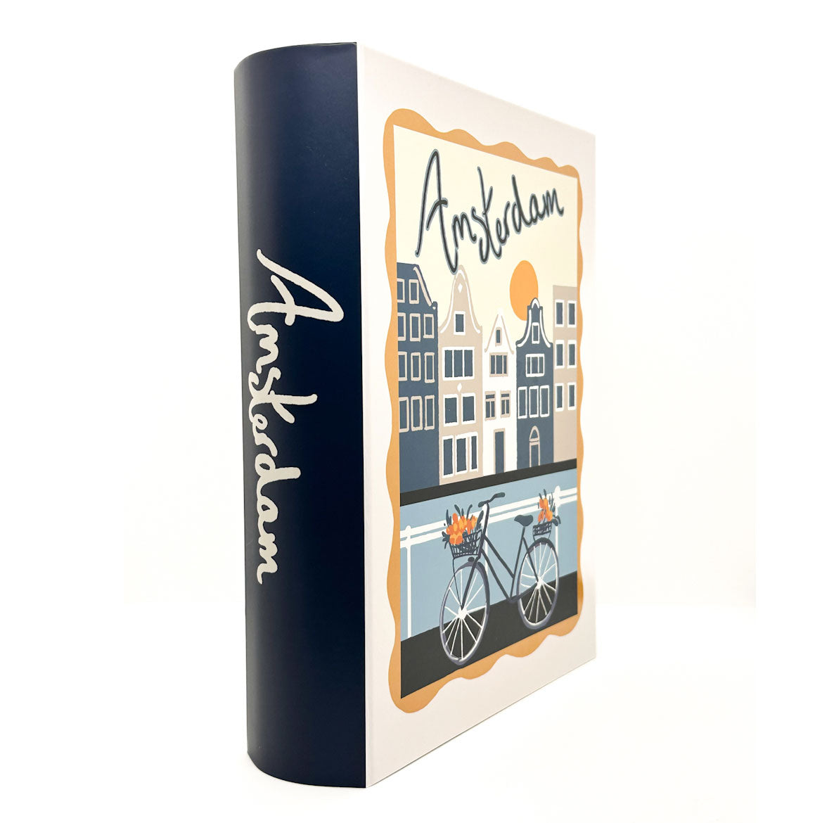 Decorative Keepsake box with 'Amsterdam' text and bicycle illustration on a white background