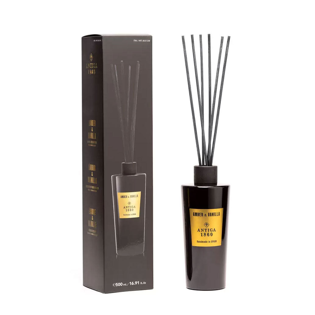 Antiga 1860 Amber & Vanilla Reed diffuser with packaging on a white background