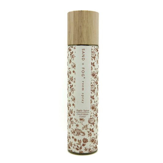 Apple Spice Room spray bottle with floral design and wooden cap on a white background