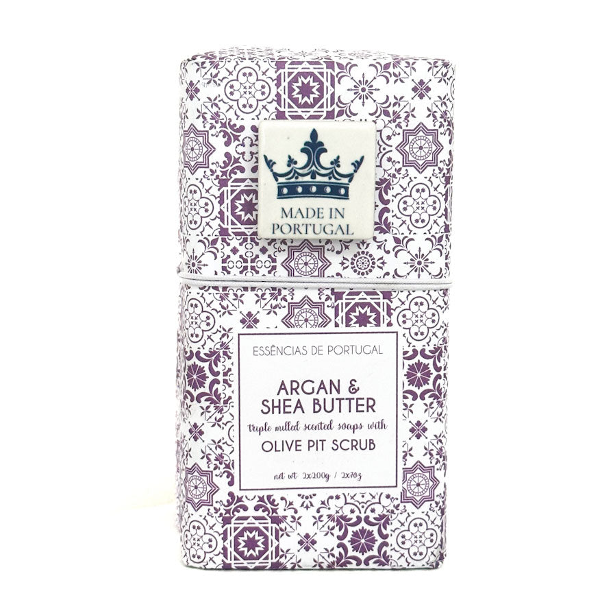 Packaging of Argan & Shea Butter soap with decorative patterns and 'Made in Portugal' text.