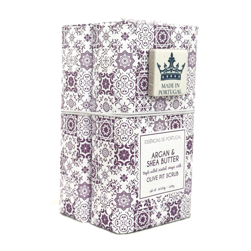Pack of two Argan & Shea Butter Soap with Olive Pit Scrub by Essencias De Portugal with floral packaging and text on a white background
