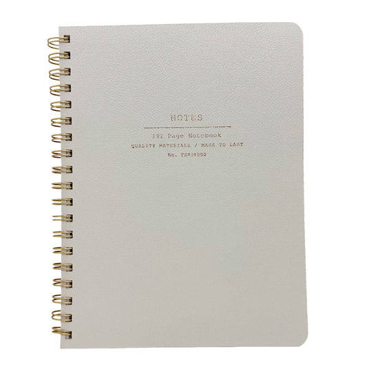 A 192-page Fringe Studio notebook with a textured warm grey cover and a gold-tone spiral binding, shown on a plain white background.
