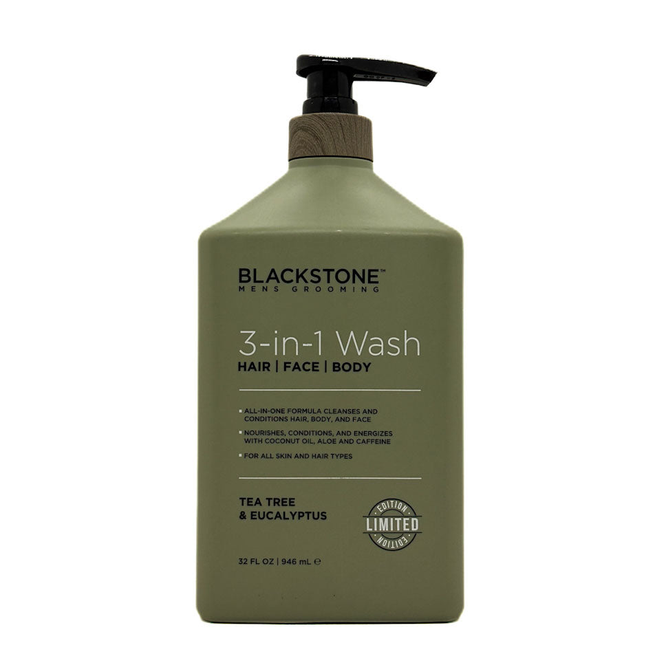 A 32 fl oz pump bottle of Black Stone Men Grooming 3-in-1 Wash, featuring an olive green body with a black pump and a light brown wood-grain collar, on a white background.