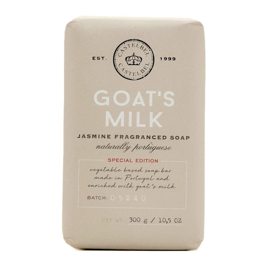 Castel 'Goat's Milk' Jasmine Fragrance Soap bar in a textured beige paper sleeve packaging, shown against a plain white background.