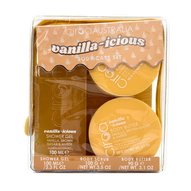 CIROA Australia Vanilla-icious Shower Care Set in a clear plastic clamshell package, containing two round yellow jars and a yellow tube, with tan labels.
