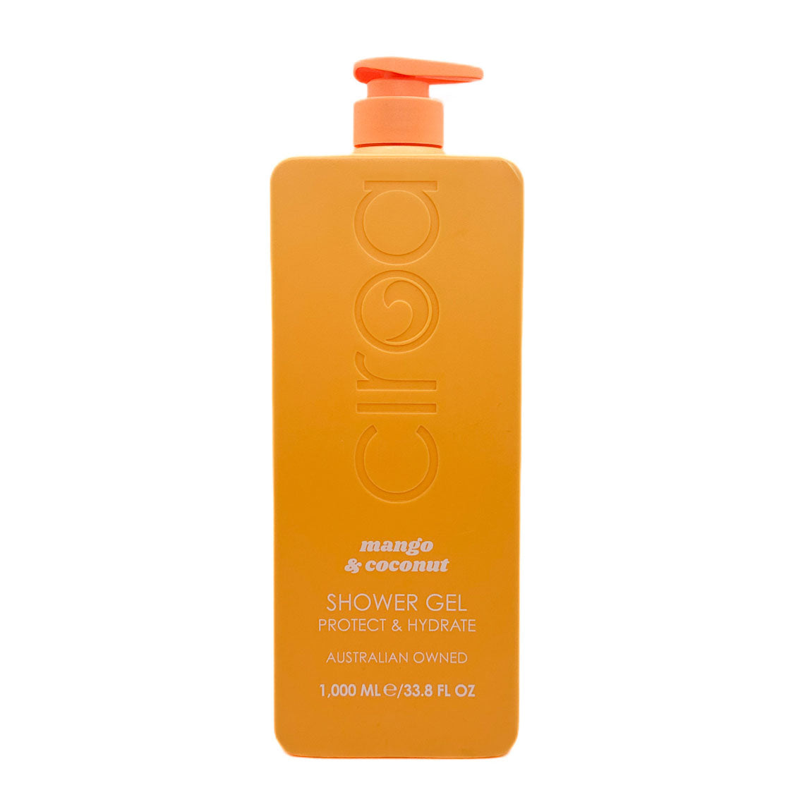 CIROA Mango & Coconut orange shower gel bottle with pump on a white background