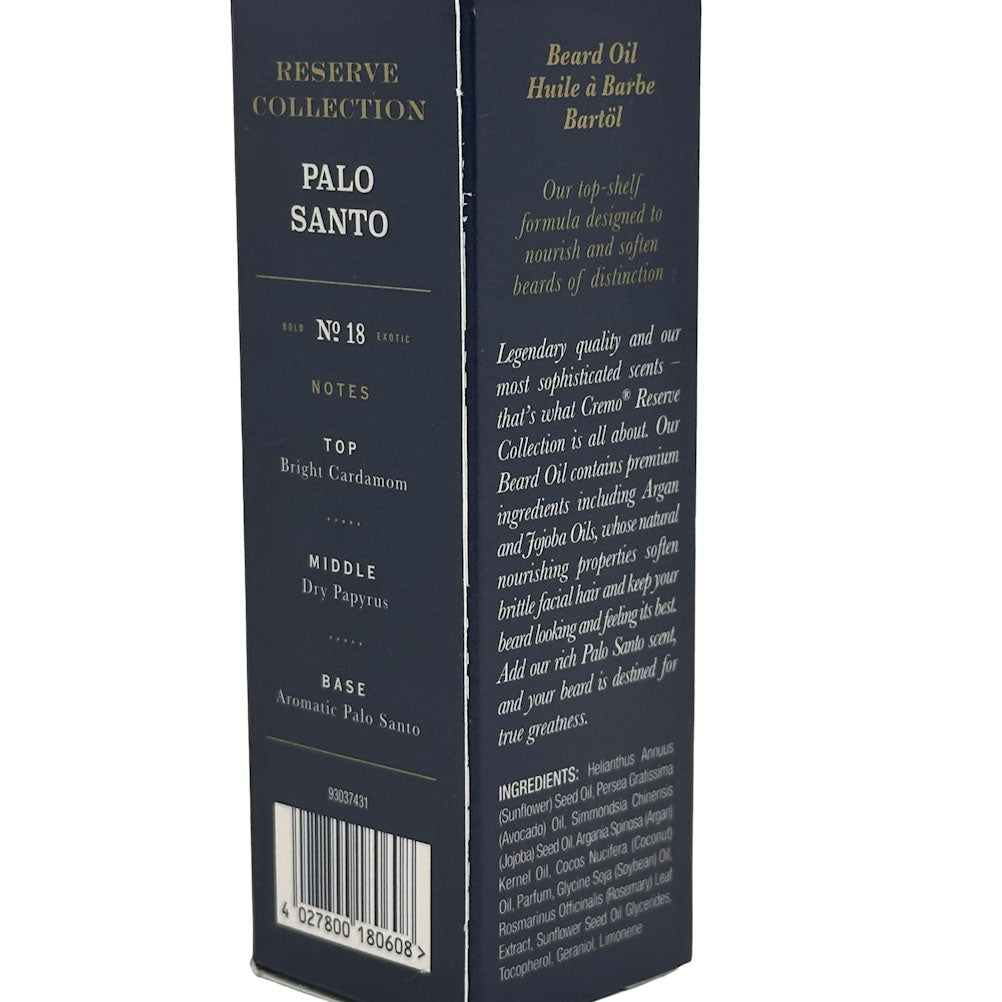 Beard oil packaging with 'Palo Santo' branding and product details on a white background