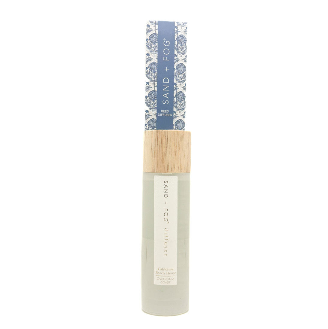 California Beach house Reed Diffuser bottle with a wooden cap and decorative label on a white background