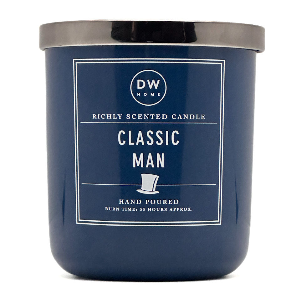 A blue jar of Classic Man scented candle by DW Home - 249g.