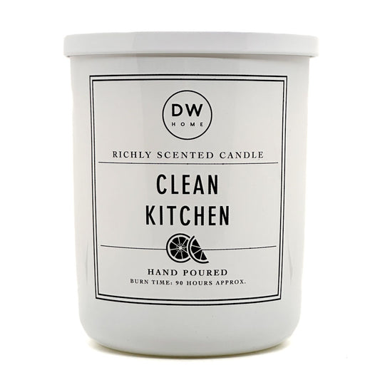 Clean Kitchen white candle with DW Home branding on a white background