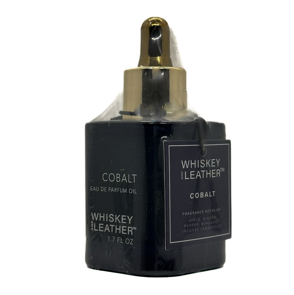 Black bottle of Whiskey & Leather Cobalt Perfume Oil dropper with gold cap on a white background