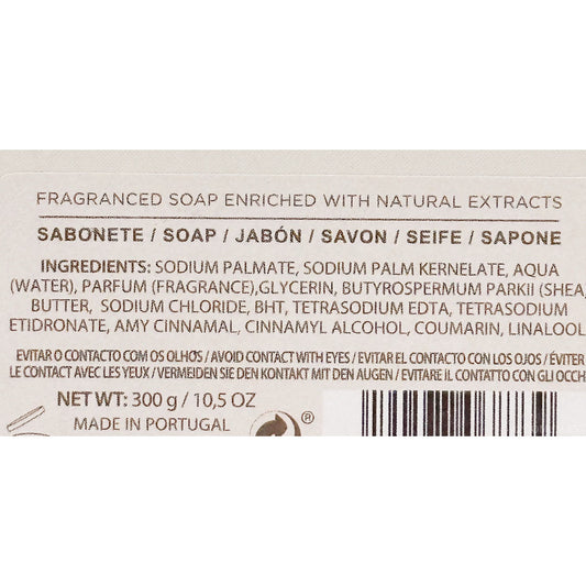 The back of a boxed fragrant soap package showing product details, ingredients, net weight, and a barcode on a light beige background.