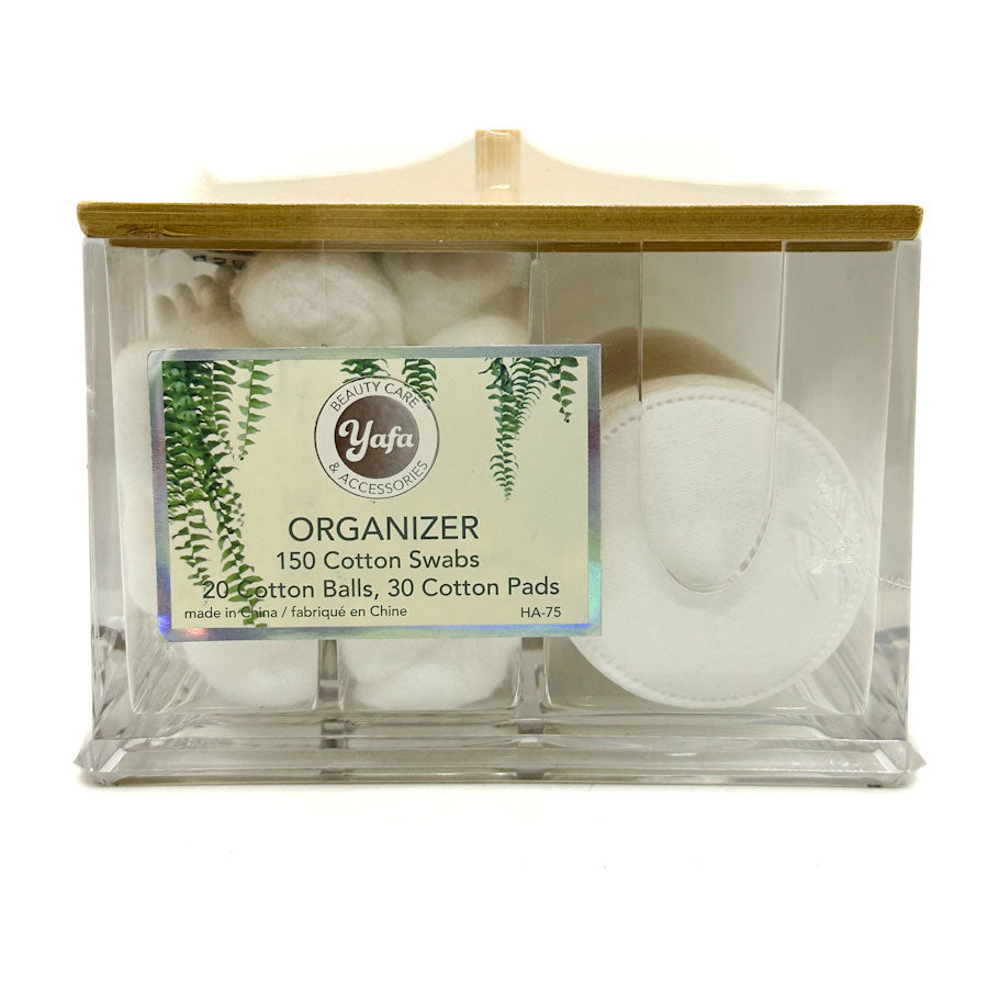 Yafa cotton swabs and pads organizer with clear packaging on a white background