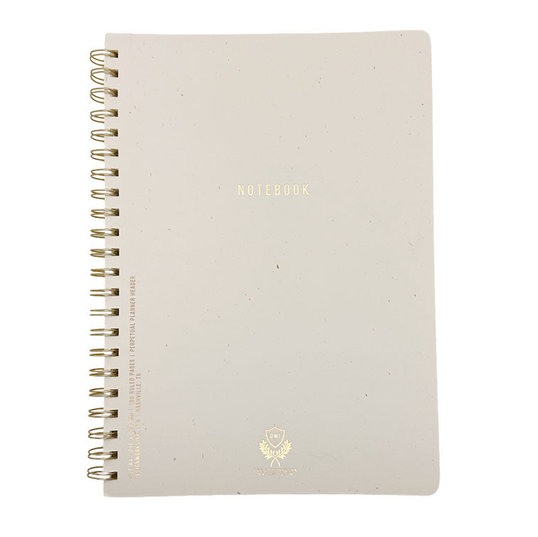 DesignWorks Ink A4 Beige notebook with gold spiral binding and logo on a white background