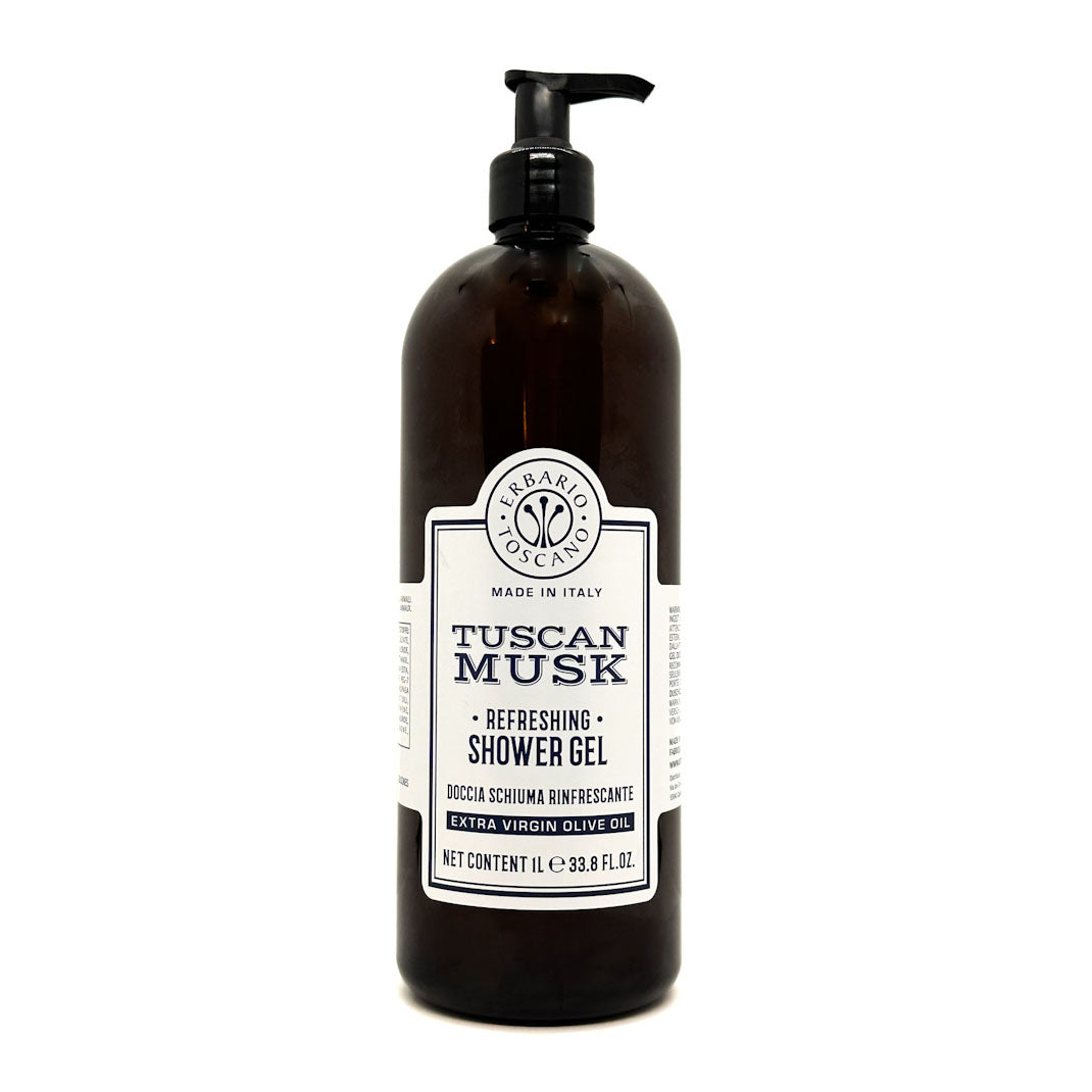 Erbario Toscano brown bottle of Tuscan Musk shower gel on a white background