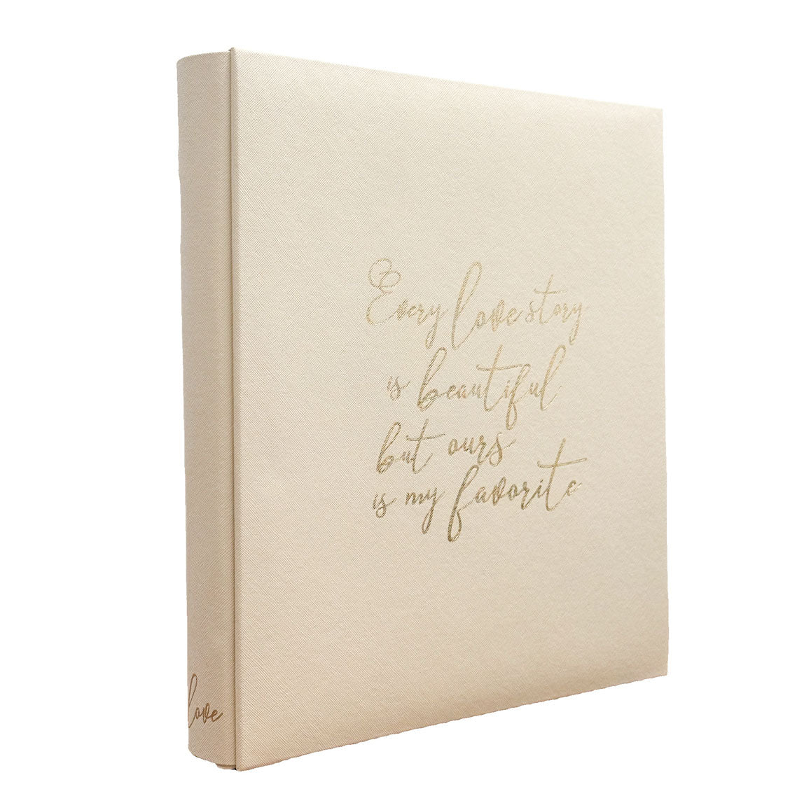 Rowhouse beige photo album with gold text on a white background