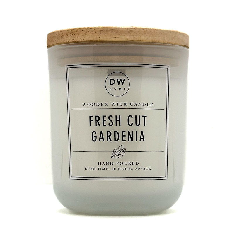 DW Home Fresh Cut Gardenia candle with wooden wick and label on a white background