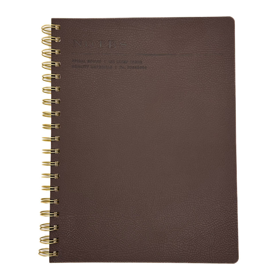 Fringe Studio Brown notebook with gold spiral binding on a white background