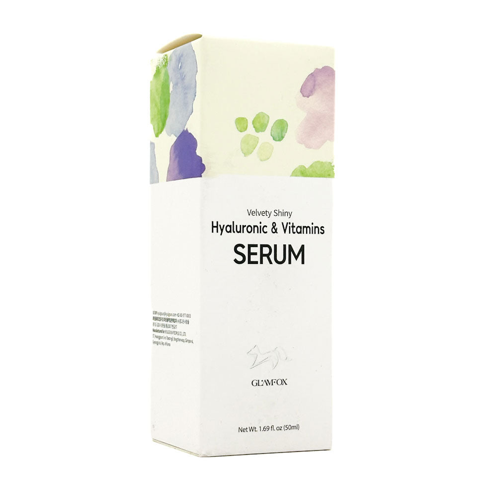 GLAMFOX Hyaluronic & Vitamins serum packaging with floral design on the cap and text on the body.