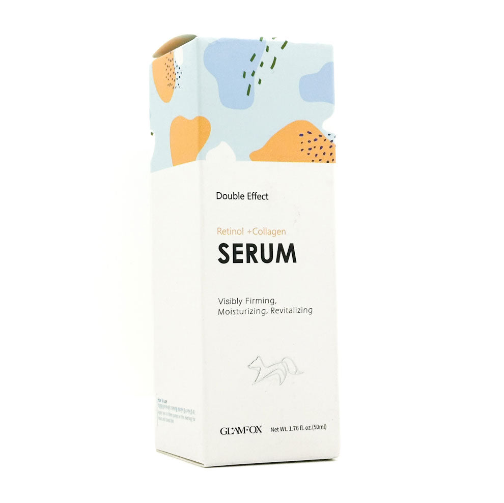Glamfox Retinol + Collagen double effect serum packaging with abstract heart designs on a white background