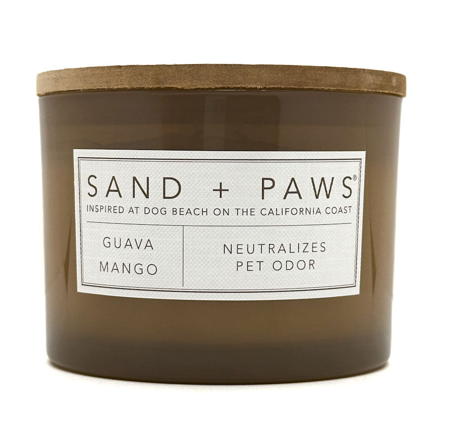 Guava Mango Candle with 'Sand + Paws' label on a white background