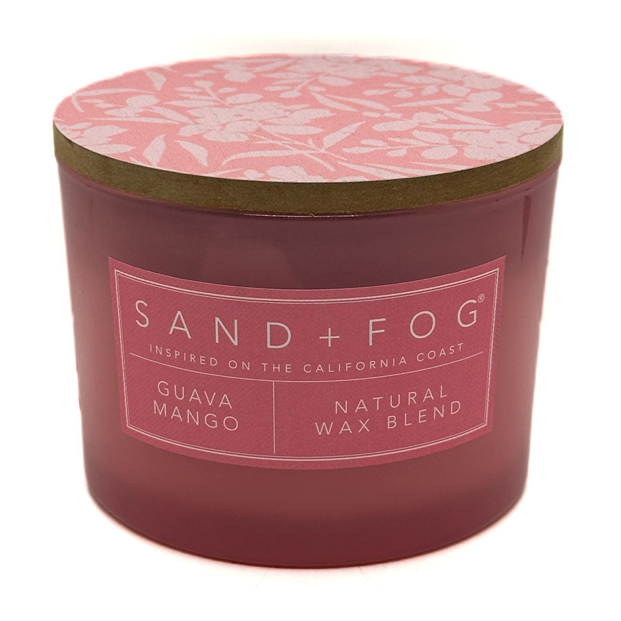 Guava Mango Candle with 'Sand + Fog' branding on a white background