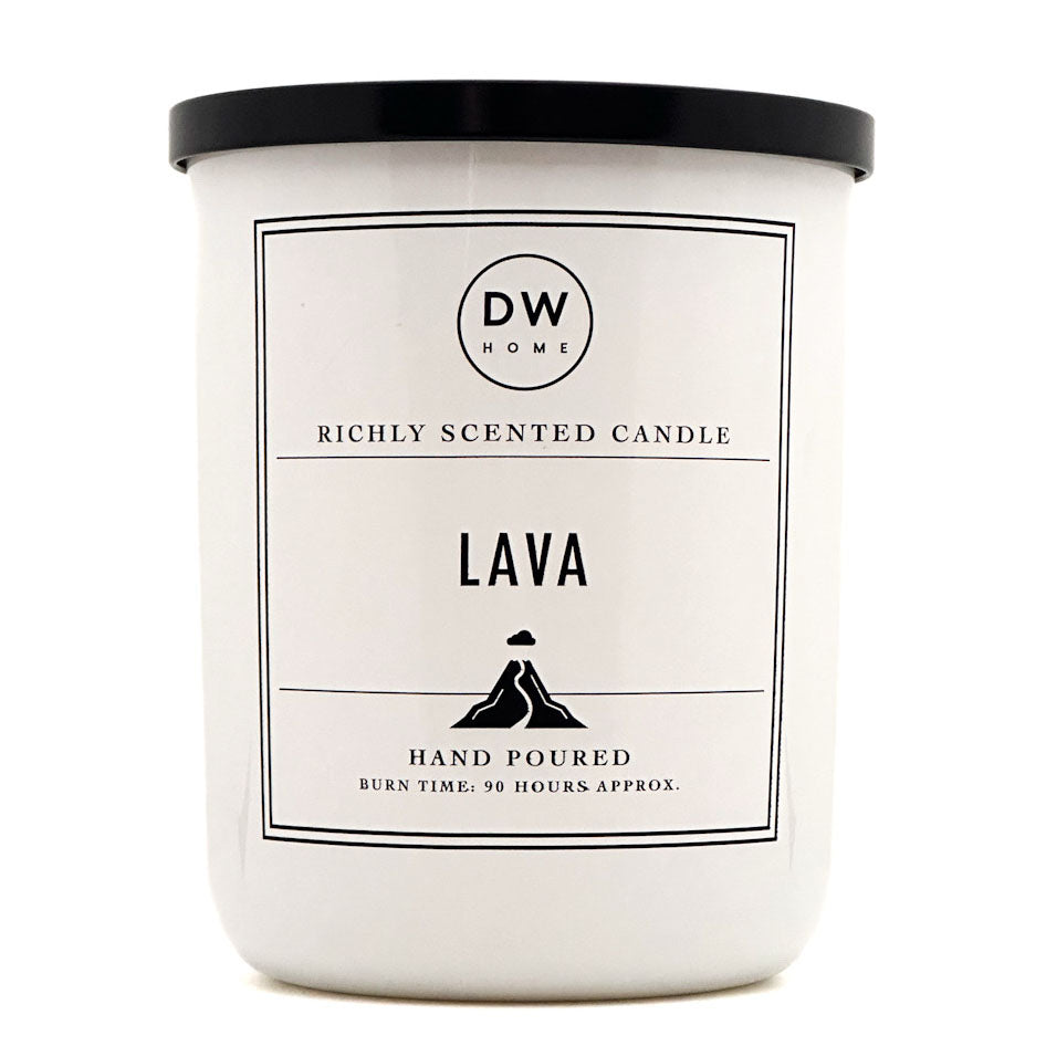 A white glass jar candle with a black lid and a minimalist black label reading 'DW HOME' and 'LAVA'.