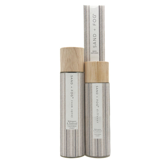 Sand + Fog Mahogany & Teakwood Home fragrance with wooden caps on a white background