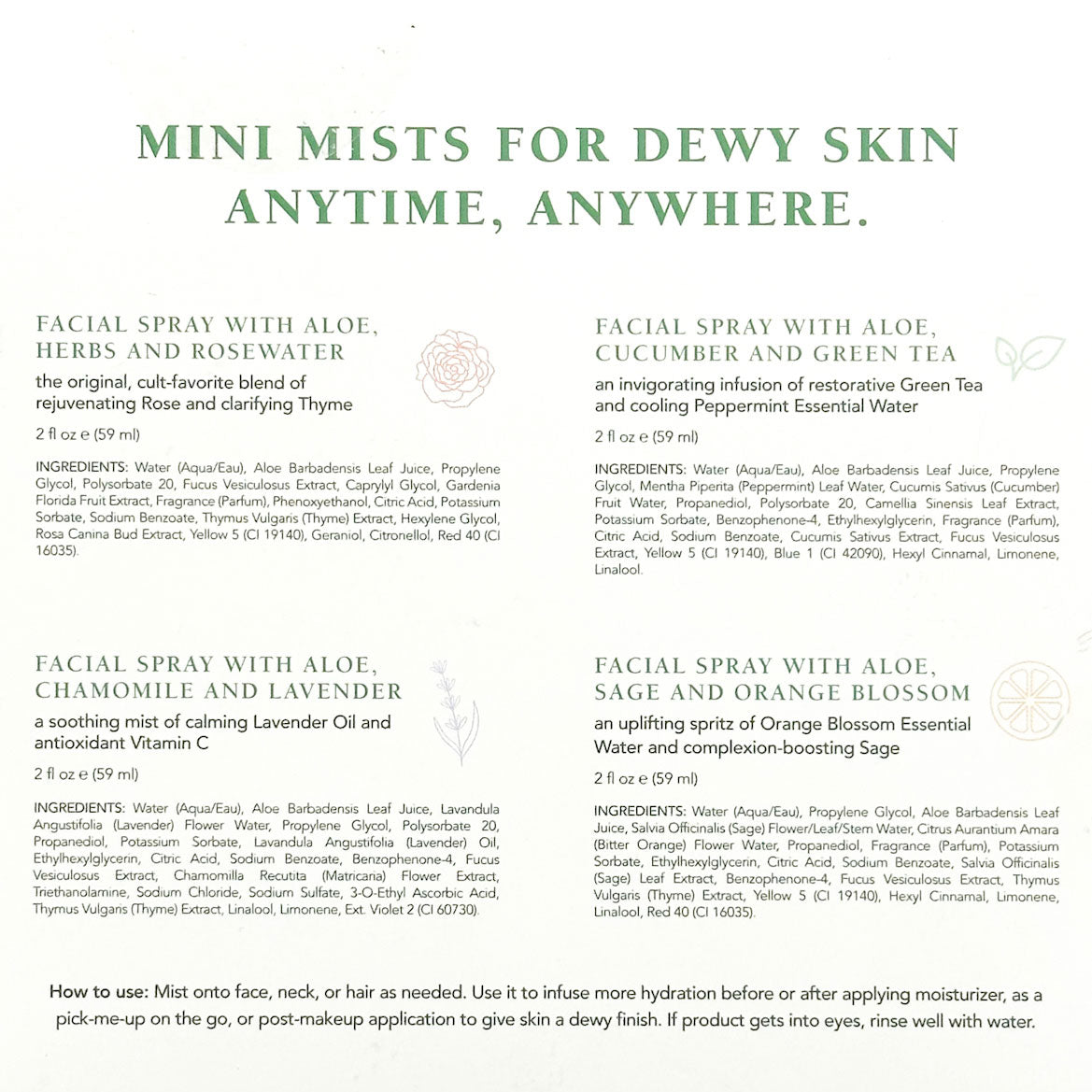 Product label for facial sprays with aloe, herbs, and various essential oils on a white background.