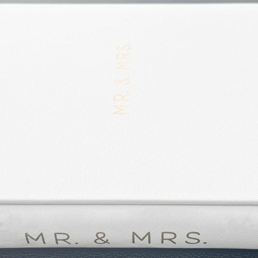 A close-up of a white textured box with 'MR. & MRS.