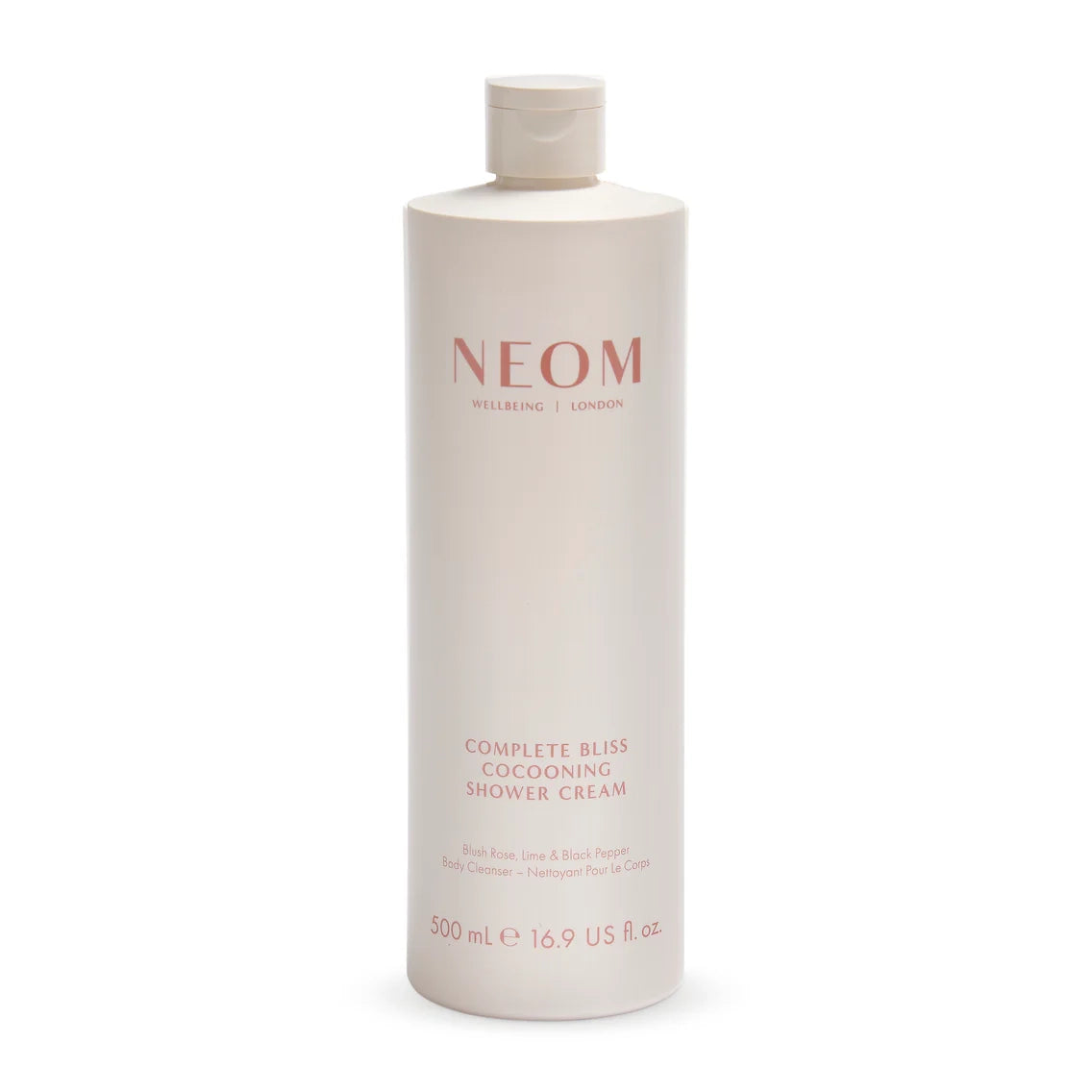 NEOM Complete Bliss Cocooning Shower Cream bottle on a white background