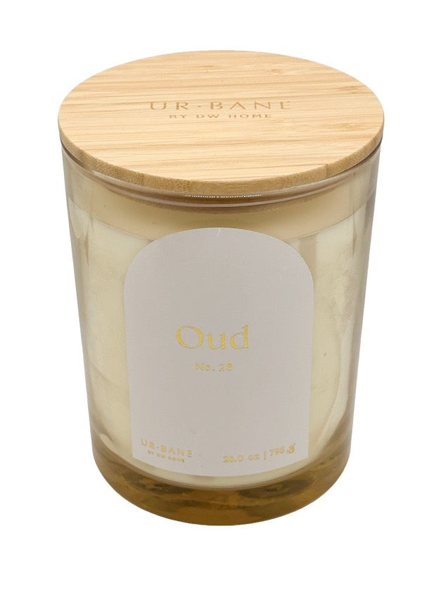 No.28 Oud candle with wooden lid and 'Oud' label on a white background