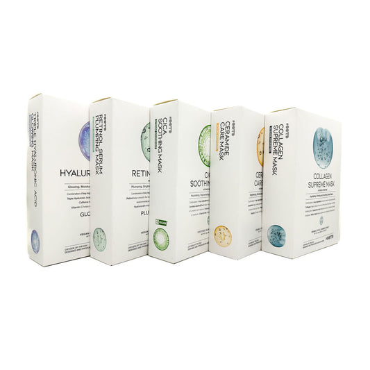 Five boxes of facial masks with different ingredients on a white background