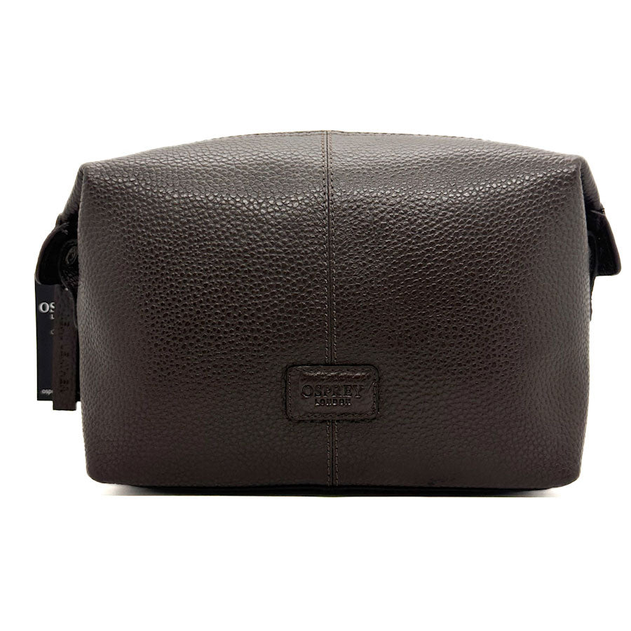 Osprey Brown leather blake turned ends washbag with a visible brand logo on a white background