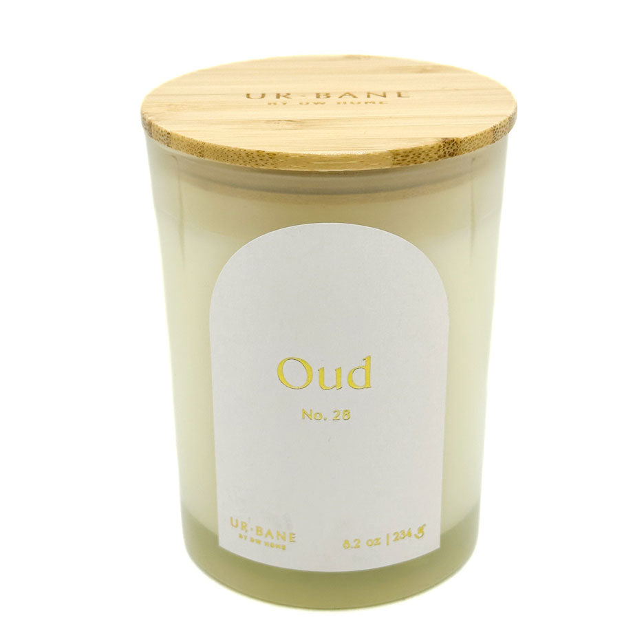 Scented Candle with wooden lid labeled 'Oud' by URBANE on a white background