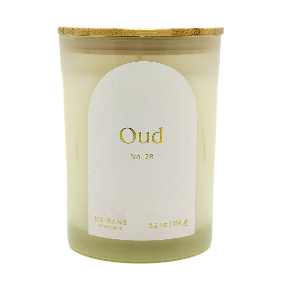 Candle jar labeled 'Oud No. 28' with a white label on a white background