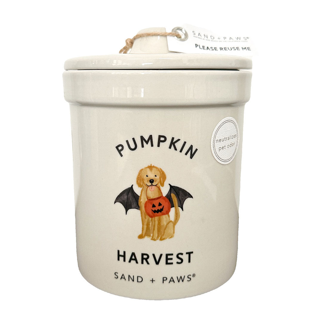 Scented Candle with 'Pumpkin Harvest' design and 'Sand + Paws' branding on a white background.