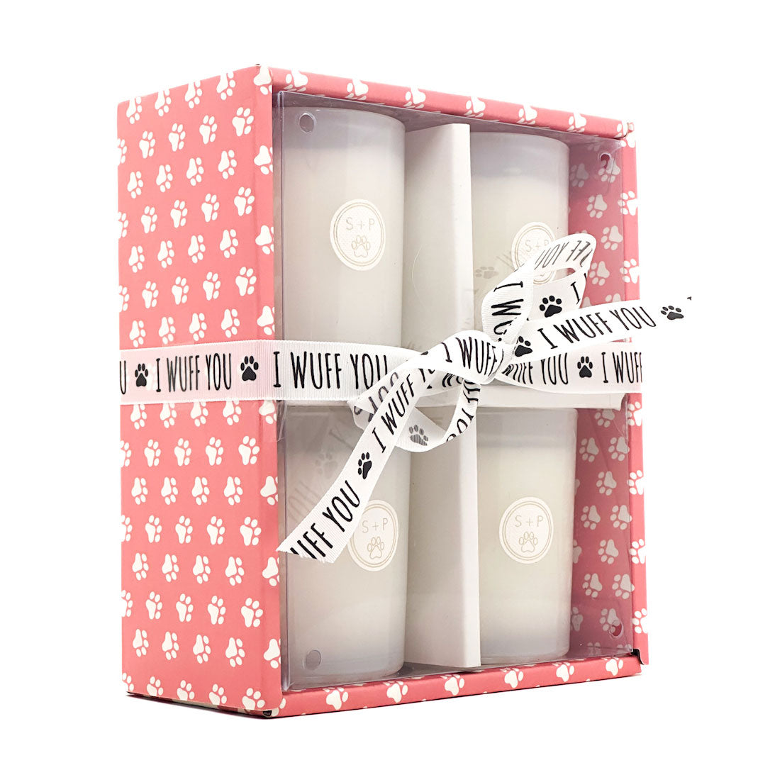 SAND + PAWS Gift Box of four candles in a decorative box with paw prints and 'I wuff you' text.