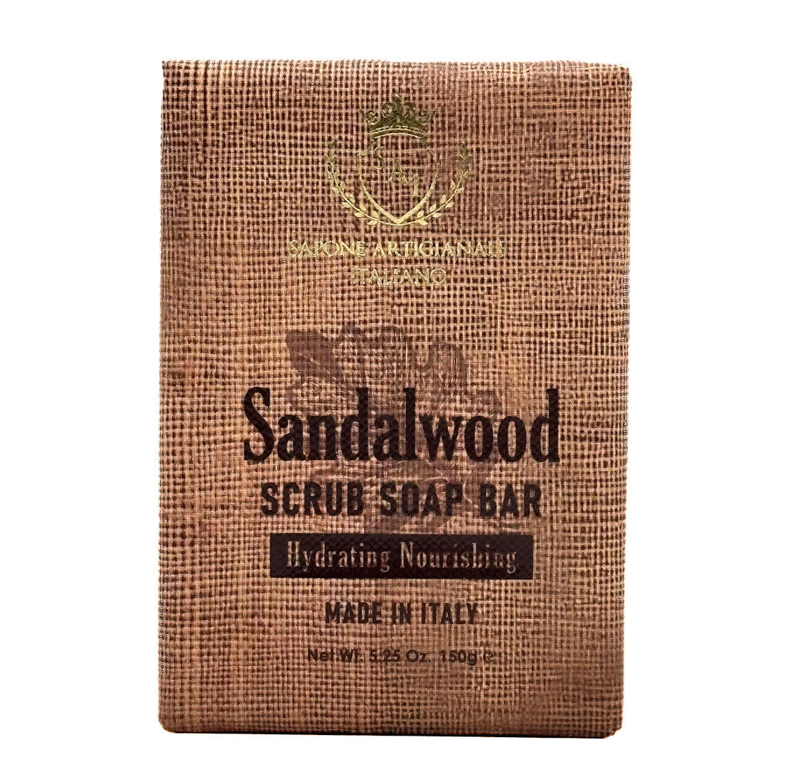 Sapone Artigianale Italiano - Sandalwood Scrub Soap packaging with brand logo on a white background