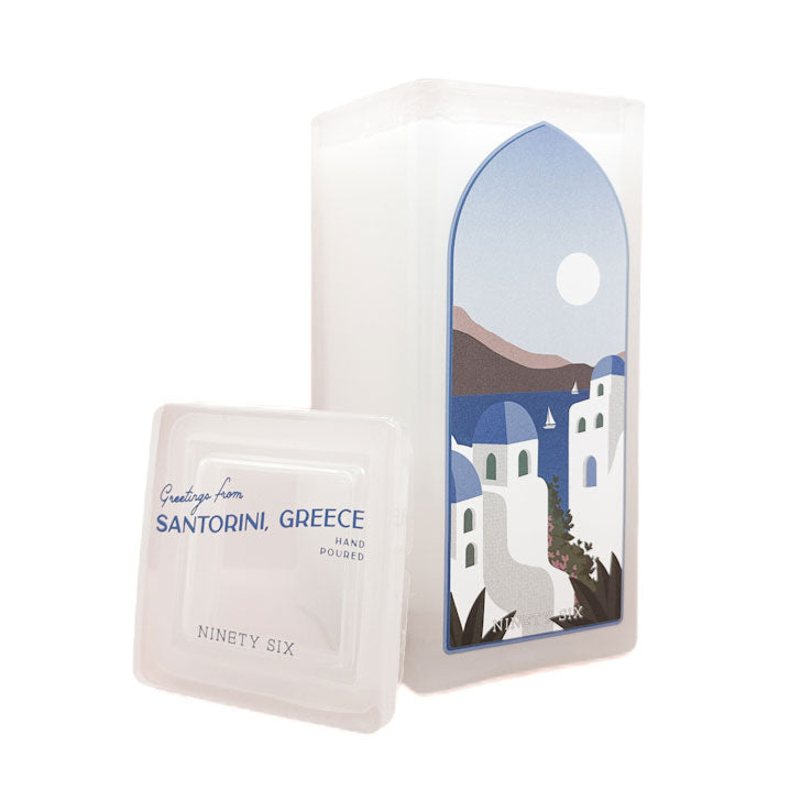 Scented Candle with Santorini, Greece design on a white background