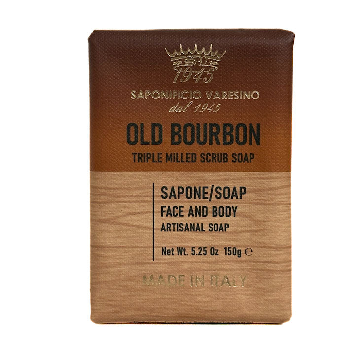 Saponificio Varesino 150g Bourbon Bar of scrub soap with brown and beige packaging on a white background