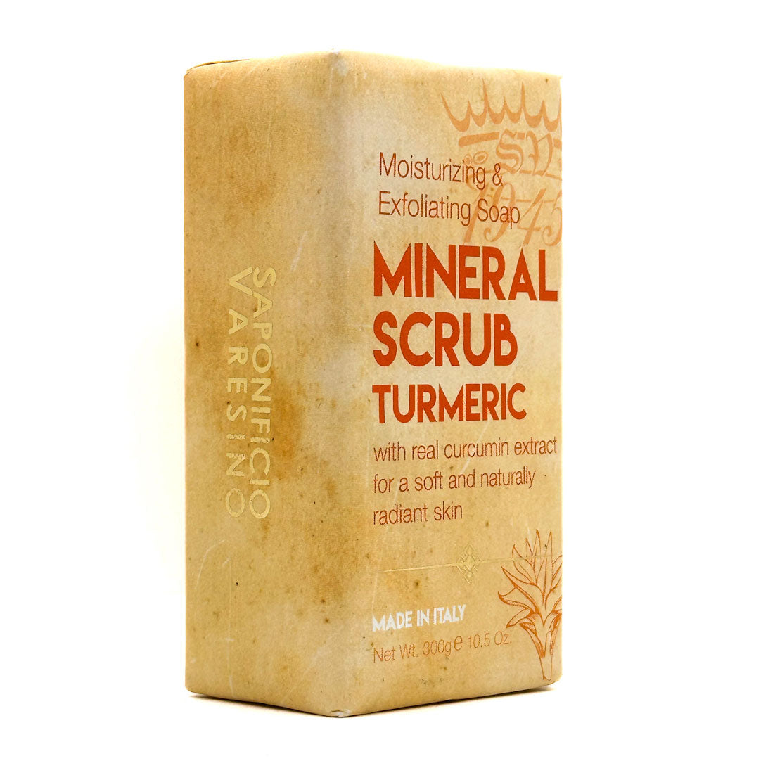 Saponificio Varesino bar soap with 'Mineral Scrub Turmeric' packaging on a white background