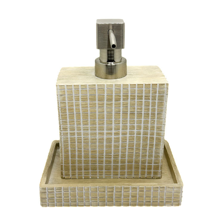 Soap dispenser with woven design on a white background