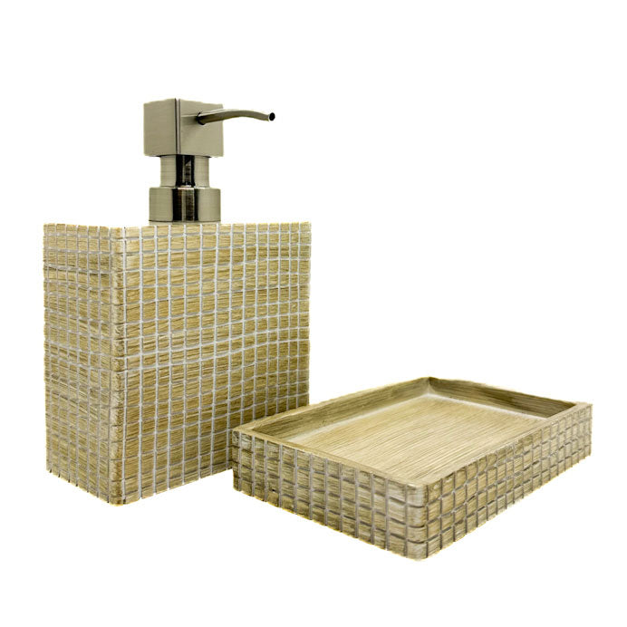 Bathroom set with woven soap dispenser and tray on a white background