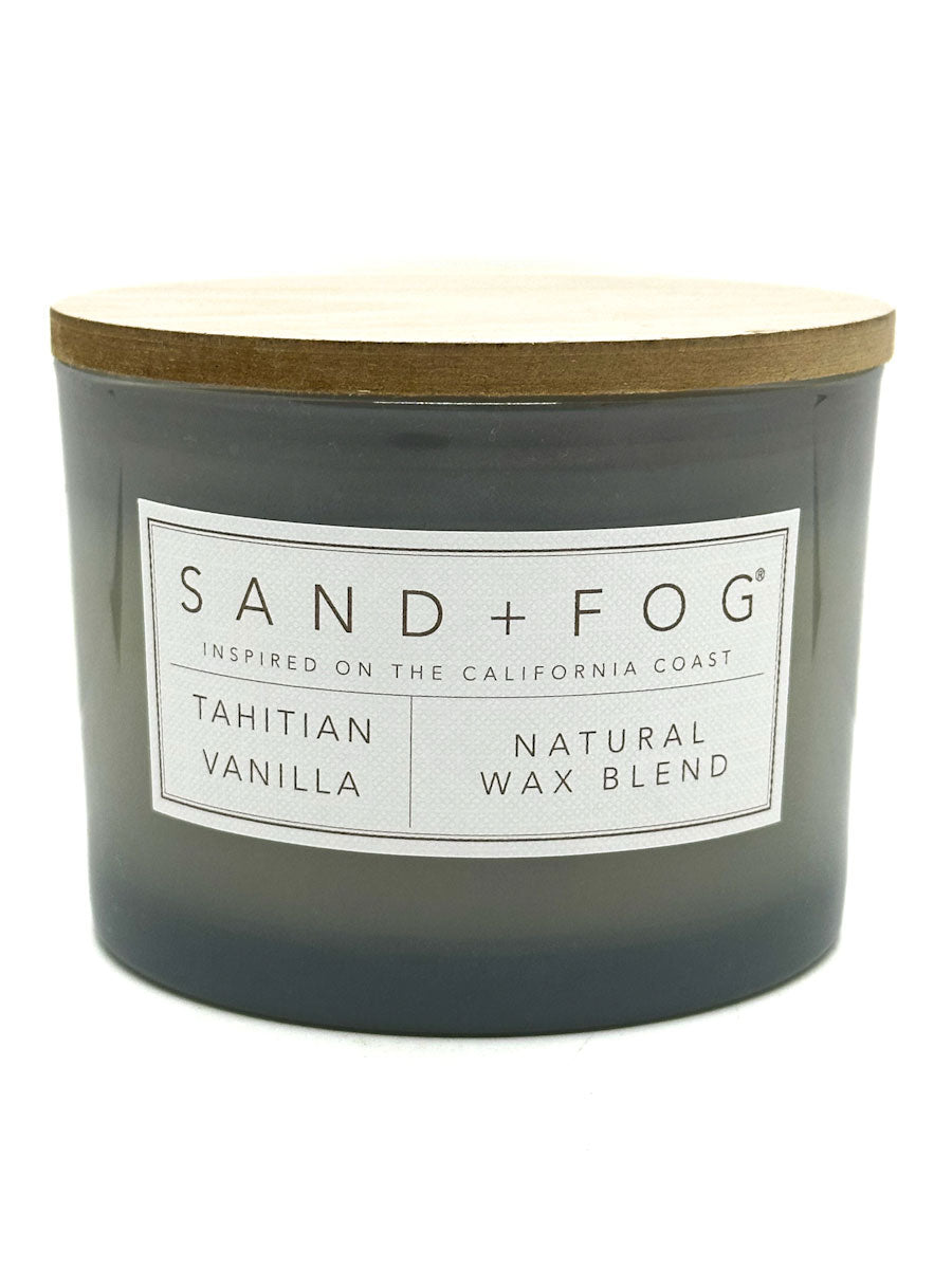 Tahitian Vanilla Candle with 'Sand + Fog' label on a white background