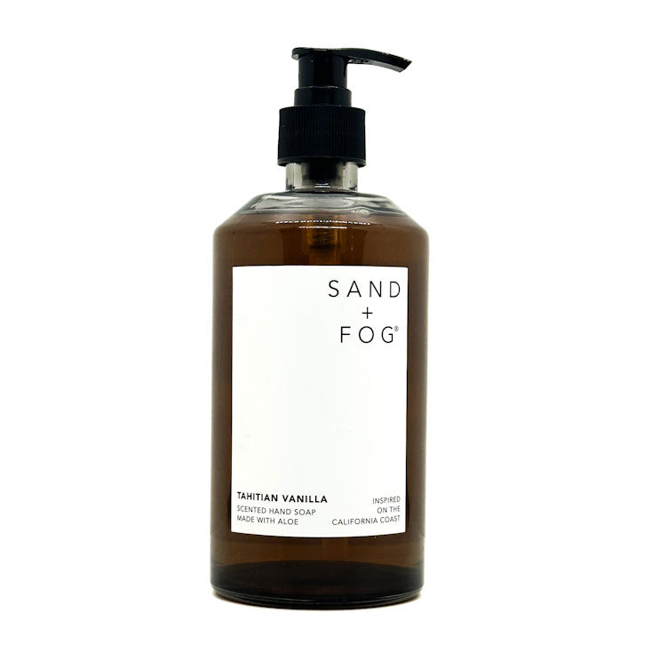 Tahitian Vanilla Hand soap bottle with pump labeled 'Sand + Fog' on a white background