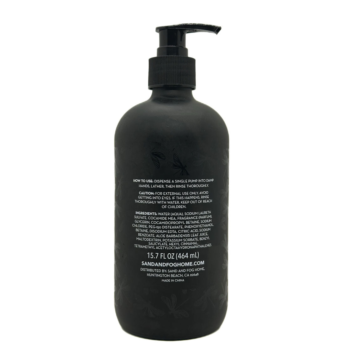Black bottle with pump and text on a white background