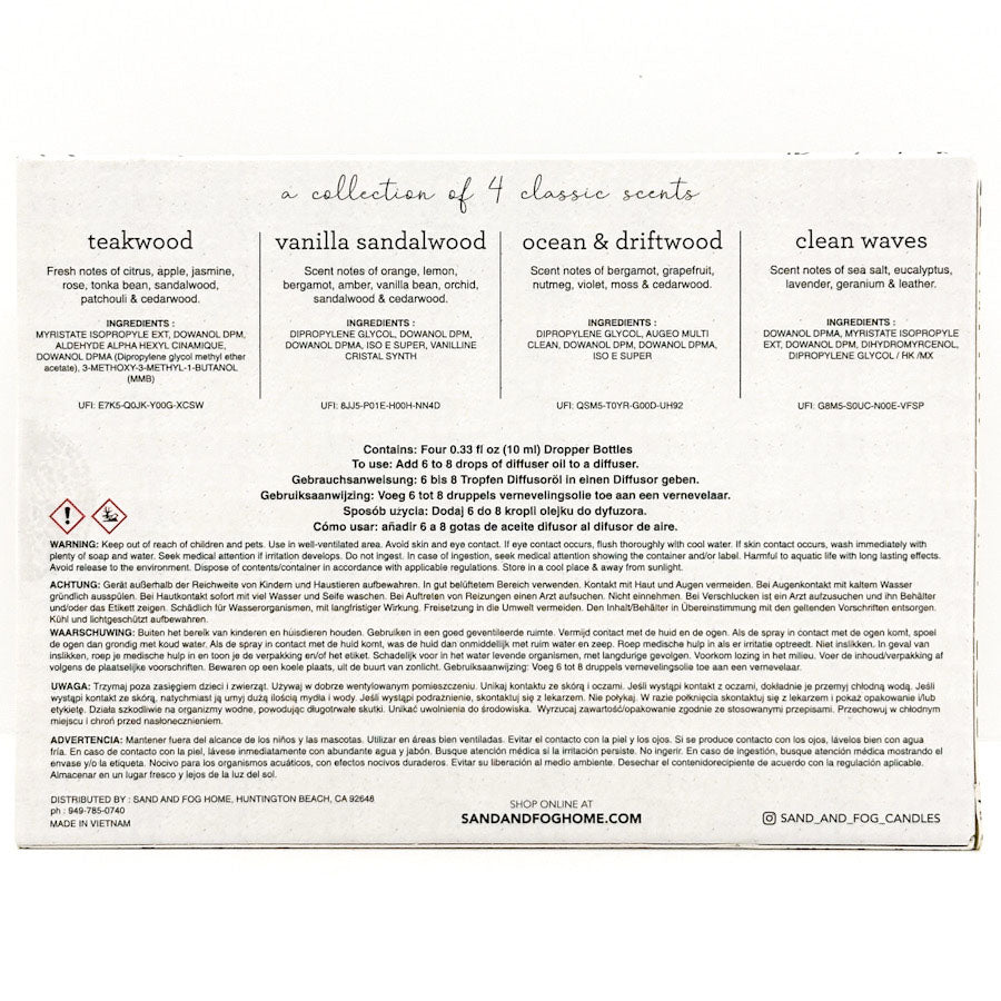 The back of a Sand and Fog Candles product box, showing scent notes for teakwood, vanilla sandalwood, ocean & driftwood, and clean waves, along with ingredients, usage, warnings, and shop information.
