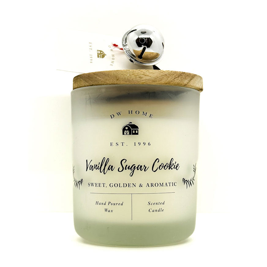 DW Home Vanilla sugar cookie-scented candle with wooden lid on a white background
