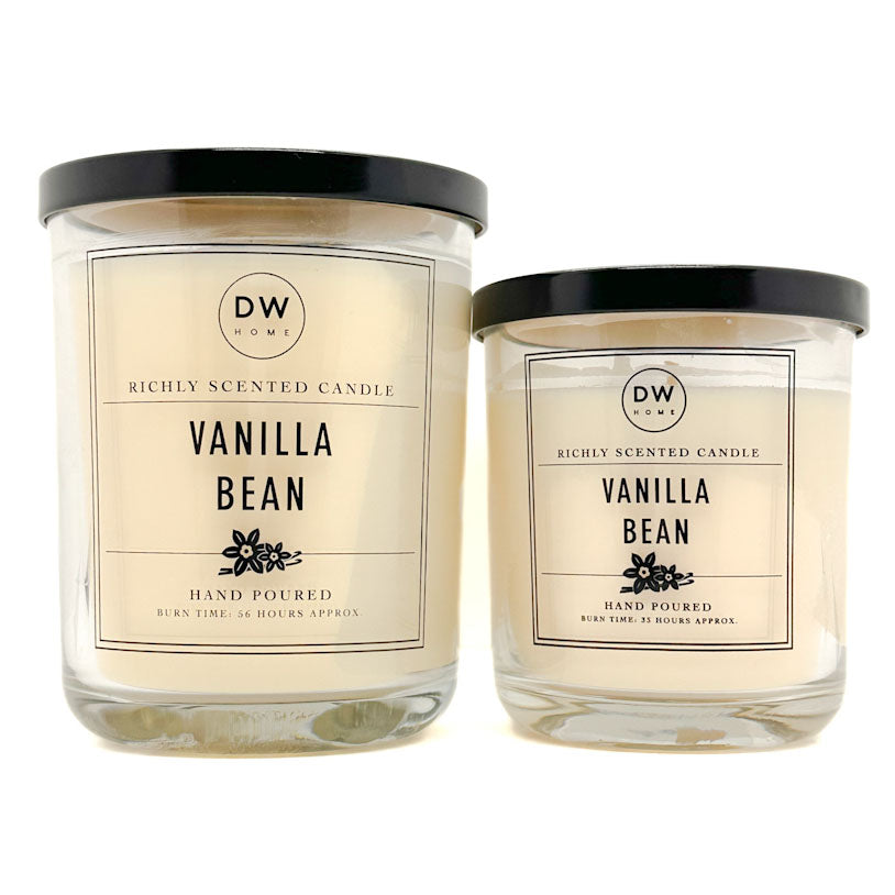 Two DW Home vanilla bean scented candles with labels on a white background